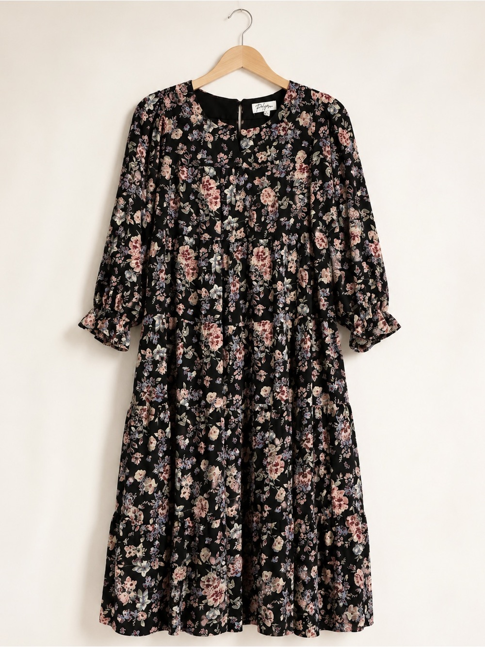 Polagram Black Floral Tiered Midi Dress Size Small NWT